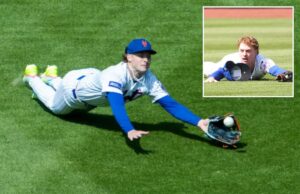 Carson Benge encontra uma maneira ‘incrível’ de ajudar o Mets à medida que as lutas na base se aprofundam O defensor externo do New York Mets, Carson Benge, mergulhando para pegar uma bola voadora.
