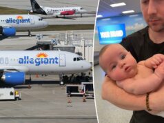 Casal derrotado é retirado do voo devido ao choro do bebê: ‘Comissária de bordo nos denunciou’ Dois aviões Allegiant Air Airbus A320 taxiam no aeroporto de Fort Lauderdale.