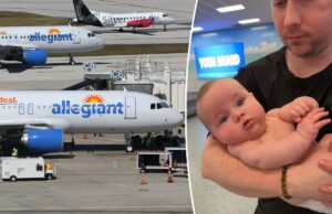 Casal derrotado é retirado do voo devido ao choro do bebê: ‘Comissária de bordo nos denunciou’ Dois aviões Allegiant Air Airbus A320 taxiam no aeroporto de Fort Lauderdale.