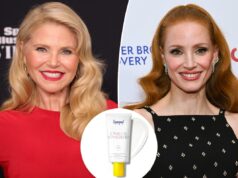 Celebridades como Christie Brinkley e Jessica Chastain confiam neste FPS diário, e hoje tem 29% de desconto Supergoop! Protetor Solar Invisível com FPS 50, protetor solar de amplo espectro, resistente à água e ao suor, em tubo branco com tampa amarela, sobre fundo branco com mancha de produto branco.