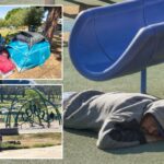 Cenas chocantes do apocalipse dos sem-teto em Los Angeles – enquanto campos imundos invadiam os playgrounds das crianças