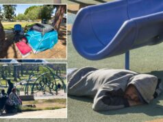 Cenas chocantes do apocalipse dos sem-teto em Los Angeles – enquanto campos imundos invadiam os playgrounds das crianças Cenas chocantes do apocalipse dos sem-teto em Los Angeles – enquanto campos imundos invadiam os playgrounds das crianças