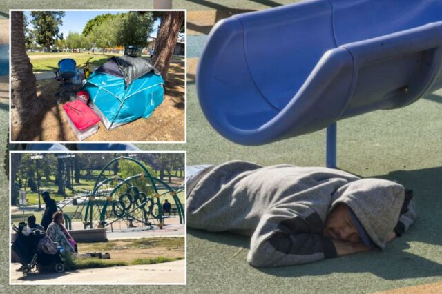 Cenas chocantes do apocalipse dos sem-teto em Los Angeles – enquanto campos imundos invadiam os playgrounds das crianças
