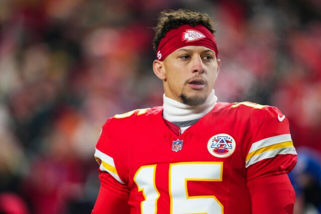 Patrick Mahomes #15 of the Kansas City Chiefs warms up prior to an NFL football game against the Houston Texans at GEHA Field at Arrowhead Stadium on December 7, 2025 in Kansas City, Missouri.