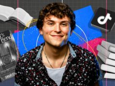 Como Jonah Evarts construiu seguidores no BookTok e uma carreira de escritor Jonah Evarts em um fundo cercado por livros e um logotipo do TikTok.