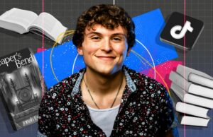 Como Jonah Evarts construiu seguidores no BookTok e uma carreira de escritor Jonah Evarts em um fundo cercado por livros e um logotipo do TikTok.