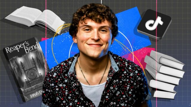 Jonah Evarts em um fundo cercado por livros e um logotipo do TikTok.
