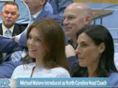 Como a filha estrela do vôlei de Mike Malone o convenceu a se juntar a ela na UNC A filha de Mike Malone, Bridget (L) e sua esposa Jocelyn (R) em sua coletiva de imprensa introdutória após assumir o cargo de treinador principal na UNC em 7 de abril de 2026.