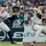 Ben Rice, nº 22 do New York Yankees, joga a bola contra o Seattle Mariners no T-Mobile Park em 31 de março de 2026 em Seattle, Washington.