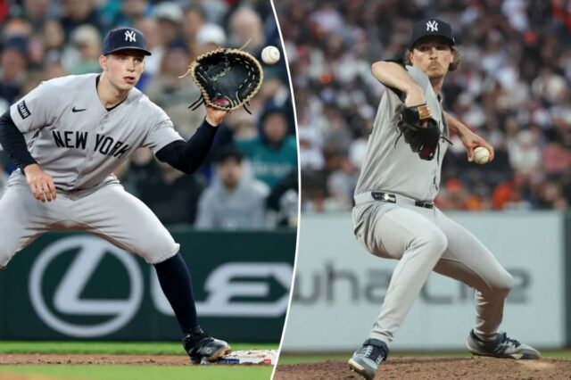 Ben Rice, nº 22 do New York Yankees, joga a bola contra o Seattle Mariners no T-Mobile Park em 31 de março de 2026 em Seattle, Washington. 