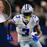O wide receiver do Dallas Cowboys, George Pickens (3), percorre uma rota durante um jogo de futebol americano da NFL entre o Dallas Cowboys e o Minnesota Vikings, em 14 de dezembro de 2025, em Arlington, Texas.