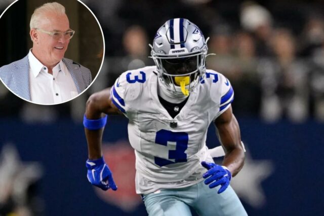   O wide receiver do Dallas Cowboys, George Pickens (3), percorre uma rota durante um jogo de futebol americano da NFL entre o Dallas Cowboys e o Minnesota Vikings, em 14 de dezembro de 2025, em Arlington, Texas.
