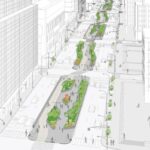 Ilustração de uma proposta de redesenho para a Park Avenue com canteiros verdes, ciclovias e faixas reduzidas para carros.