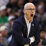 UConn Huskies head coach Dan Hurley reacts during the first half in the second round of the 2026 NCAA Men's Basketball Tournament at Xfinity Mobile Arena on March 22, 2026 in Philadelphia, Pennsylvania.