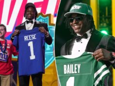 David Bailey abre como favorito para Estreante Defensivo do Ano O linebacker do estado de Ohio, Arvell Reese, posa com uma camisa do New York Giants após ser escolhido durante o draft de futebol americano da NFL.
