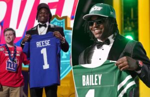 David Bailey abre como favorito para Estreante Defensivo do Ano O linebacker do estado de Ohio, Arvell Reese, posa com uma camisa do New York Giants após ser escolhido durante o draft de futebol americano da NFL.
