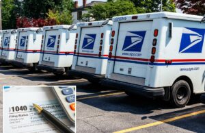 Declaração de impostos pelo correio? O IRS alerta que uma mudança pouco conhecida pode antecipar seu prazo Formulário fiscal 1040, uma caneta e uma calculadora em um gráfico financeiro.