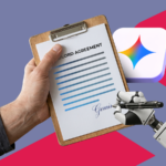 Ilustração de uma mão robótica segurando o logotipo do Gmail, cercada por brilhos do Google Gemini e aviões de papel voando.