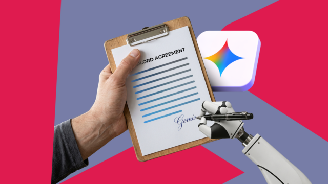 Ilustração de uma mão robótica segurando o logotipo do Gmail, cercada por brilhos do Google Gemini e aviões de papel voando.