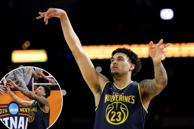 Yaxel Lendeborg nº 23 do Michigan Wolverines arremessa a bola durante o dia de treino do torneio de basquete masculino da NCAA de 2026 no Lucas Oil Stadium em 3 de abril de 2026 em Indianápolis, Indiana. 