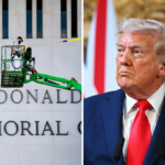 Left: Workers adjust the name of the “John F. Kennedy Memorial Center for the Performing Arts