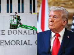 Donald Trump pode ser proibido de nomear edifícios com seu próprio nome Left: Workers adjust the name of the “John F. Kennedy Memorial Center for the Performing Arts