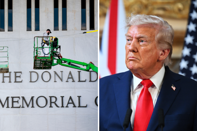 Left: Workers adjust the name of the “John F. Kennedy Memorial Center for the Performing Arts