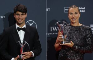 Dupla de tênis Sabalenka e Alcaraz conquistam prêmios esportivos do Laureus Laureus World Sports Awards - Palacio de Cibeles, Madri, Espanha - 20 de abril de 2026 A chinesa Eileen Gu posa no tapete vermelho antes da cerimônia de premiação REUTERS/Isabel Infantes