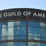 A view of the Writers Guild of America (WGA) headquarters during a strike by the WGA staff ahead of Alliance of Motion Picture and Television Producers (AMPTP) Negotiations on February 17, 2026 in Los Angeles, California. (Photo by Michael Buckner/Variety via Getty Images)