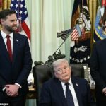 (Da esquerda para a direita) O vice-presidente dos EUA, JD Vance, e o presidente dos EUA, Donald Trump, ouvem o secretário de Estado dos EUA, Marco Rubio, falar durante uma reunião com o embaixador do Líbano nos EUA e o embaixador de Israel nos EUA, na Casa Branca em Washington, DC, em 23 de abril.