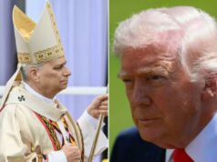 Ele Trump vs. Papa, não escolhamos entre o coração e a cabeça Papa Leão XIV em mitra e casula ornamentadas de cor creme, segurando um báculo com um crucifixo no topo, durante uma Santa Missa em Bamenda.