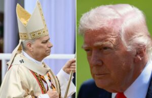 Ele Trump vs. Papa, não escolhamos entre o coração e a cabeça Papa Leão XIV em mitra e casula ornamentadas de cor creme, segurando um báculo com um crucifixo no topo, durante uma Santa Missa em Bamenda.