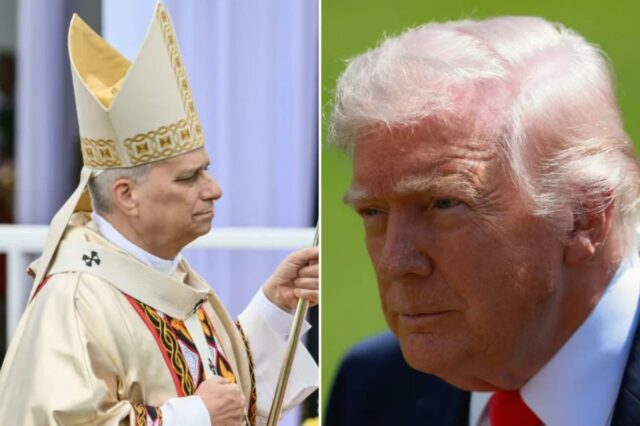 Papa Leão XIV em mitra e casula ornamentadas de cor creme, segurando um báculo com um crucifixo no topo, durante uma Santa Missa em Bamenda.