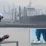 A fumaça sobe da zona da indústria petrolífera de Fujairah devido a detritos de interceptação de drones.