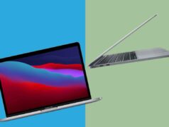 Encontramos um MacBook Pro de US$ 429 que ainda tem peso Um laptop MacBook Pro em cinza espacial, aberto para mostrar o teclado com Touch Bar e um plano de fundo colorido e abstrato da área de trabalho.