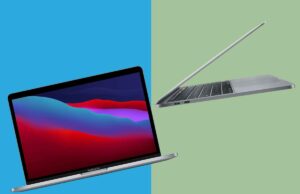 Encontramos um MacBook Pro de US$ 429 que ainda tem peso Um laptop MacBook Pro em cinza espacial, aberto para mostrar o teclado com Touch Bar e um plano de fundo colorido e abstrato da área de trabalho.