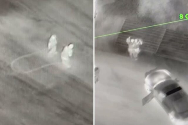 Imagem térmica de um helicóptero da polícia mostrando duas figuras em uma estrada, suspeitas de roubo de fios de cobre.