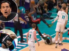 Erik Spoelstra ataca LaMelo Ball por ‘jogada perigosa’ que feriu Bam Adebayo enquanto uma possível disciplina da NBA se aproxima O central do Heat, Bam Adebayo, se contorce de dor depois de ser derrubado pelo LaMelo Ball do Hornets no segundo quarto, em 14 de abril de 2026.