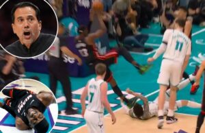 Erik Spoelstra ataca LaMelo Ball por ‘jogada perigosa’ que feriu Bam Adebayo enquanto uma possível disciplina da NBA se aproxima O central do Heat, Bam Adebayo, se contorce de dor depois de ser derrubado pelo LaMelo Ball do Hornets no segundo quarto, em 14 de abril de 2026.