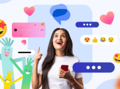 Esses efeitos ocultos do Mensagens do Google finalmente me fizeram gostar de enviar mensagens de texto novamente Mulher sorridente usando um smartphone, cercada por ícones do Mensagens do Google e rótulos de recursos, em um fundo com tema azul.