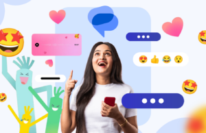 Esses efeitos ocultos do Mensagens do Google finalmente me fizeram gostar de enviar mensagens de texto novamente Mulher sorridente usando um smartphone, cercada por ícones do Mensagens do Google e rótulos de recursos, em um fundo com tema azul.