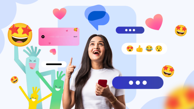 Esses efeitos ocultos do Mensagens do Google finalmente me fizeram Mulher sorridente usando um smartphone, cercada por ícones do Mensagens do Google e rótulos de recursos, em um fundo com tema azul.