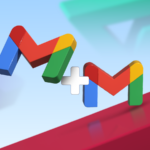 Uma ilustração do logotipo do Gmail sobre logotipos estilizados da AP