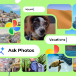 Uma mão segurando o logotipo do Google Fotos em frente a um fundo colorido repleto de miniaturas de imagens e formas geométricas.