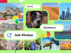 Este recurso do Google Fotos me fez parar de percorrer milhares de fotos Uma mão segurando o logotipo do Google Fotos em frente a um fundo colorido repleto de miniaturas de imagens e formas geométricas.