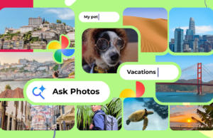 Este recurso do Google Fotos me fez parar de percorrer milhares de fotos Uma mão segurando o logotipo do Google Fotos em frente a um fundo colorido repleto de miniaturas de imagens e formas geométricas.