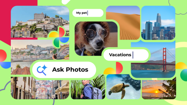 Uma mão segurando o logotipo do Google Fotos em frente a um fundo colorido repleto de miniaturas de imagens e formas geométricas.