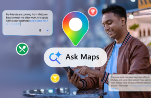 Este recurso do Google Maps agora é minha arma secreta para planejar encontros noturnos Ilustração da tela de um smartphone exibindo o logotipo do Google Maps junto com ícones de lugares salvos, horários populares, linha do tempo do Maps e um botão