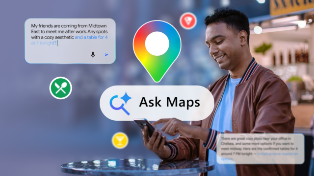 Ilustração da tela de um smartphone exibindo o logotipo do Google Maps junto com ícones de lugares salvos, horários populares, linha do tempo do Maps e um botão 