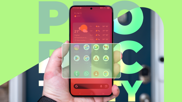 Um homem parado ao lado de um smartphone gigante com um balde e um esfregão em um fundo azul.